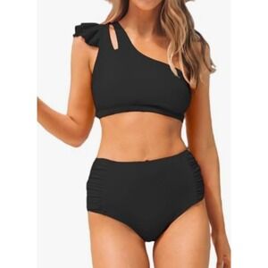 CUPSHE Women High Waisted Bikini Set Tummy Control Ruffle Cutout One Shoulder SM